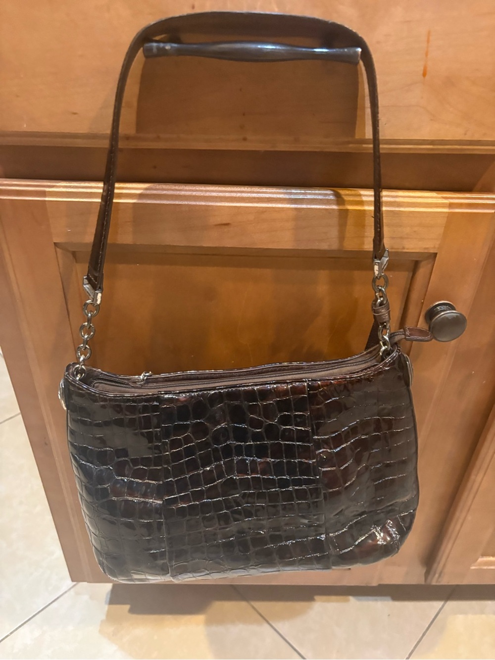 Brighton Croc-Embossed Dark Brown Shoulder Bag